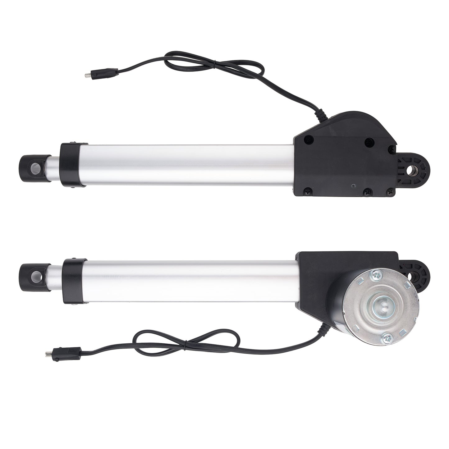 Two silver and black electric linear actuators with attached power cables, shown from different angles on a plain white background.