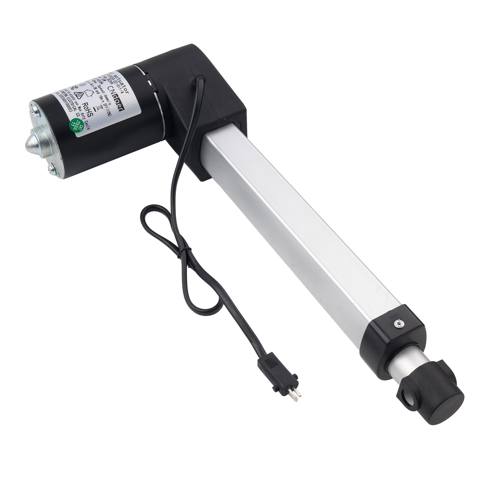 A linear electric gate opener motor and rail assembly, featuring a black motor housing with a silver label, a long silver aluminum rail, and a black power cord, shown on a plain white background.