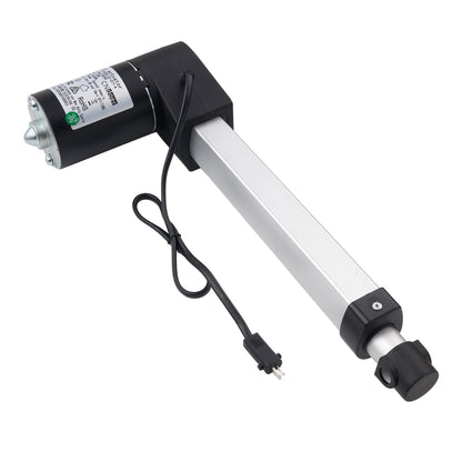 A linear electric gate opener motor and rail assembly, featuring a black motor housing with a silver label, a long silver aluminum rail, and a black power cord, shown on a plain white background.