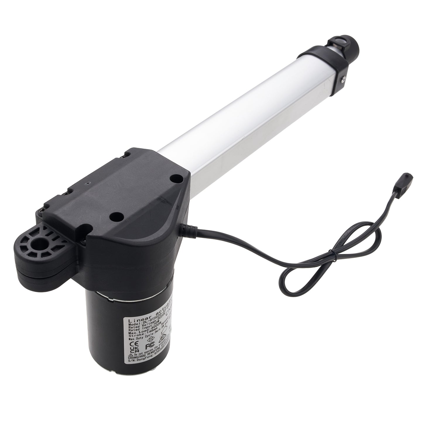 An electric linear actuator motor with a black cylindrical motor housing, a black mounting bracket, and a long silver metal rod, shown with its attached power cable on a white background.