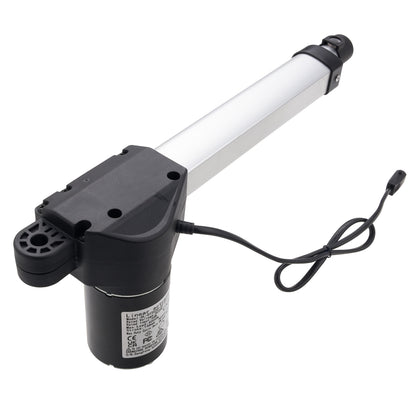 An electric linear actuator motor with a black cylindrical motor housing, a black mounting bracket, and a long silver metal rod, shown with its attached power cable on a white background.
