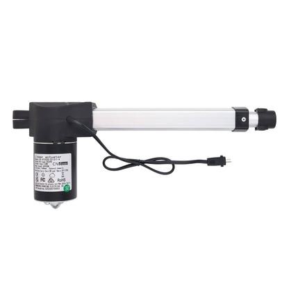 An electric window blind motor drive with a black cylindrical motor unit, a long white cylindrical rod, and a black power cord, shown against a plain white background.