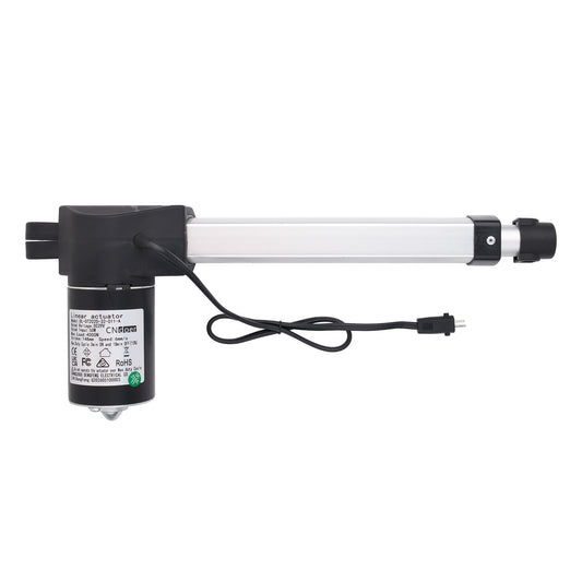 An electric window blind motor drive with a black cylindrical motor unit, a long white cylindrical rod, and a black power cord, shown against a plain white background.