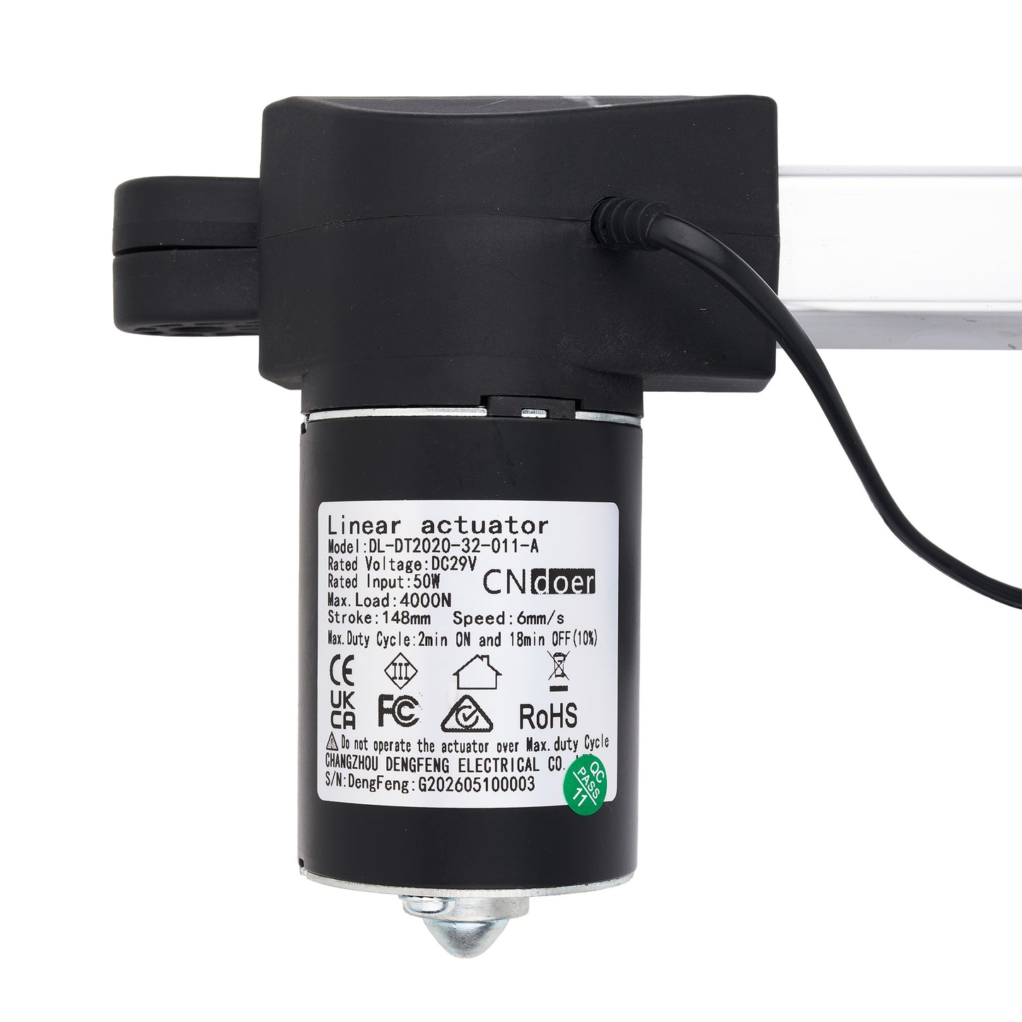 A black linear actuator motor with a white technical specification label, shown on a white background with a mounting bracket and cable visible.