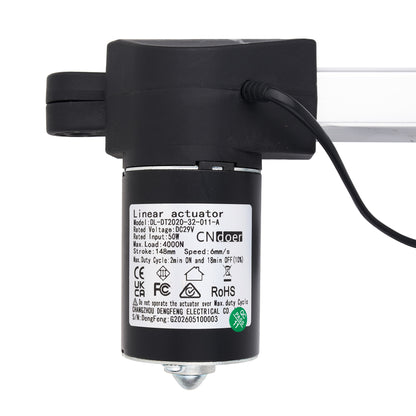 A black linear actuator motor with a white technical specification label, shown on a white background with a mounting bracket and cable visible.