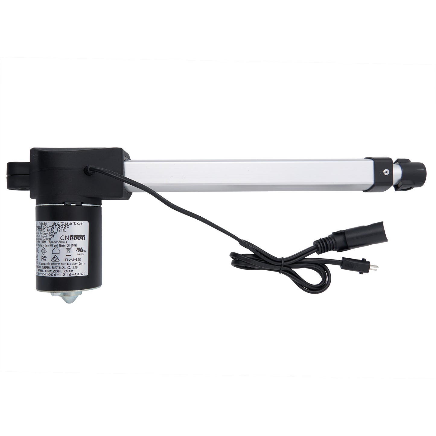 A CN DOER DL-DT2020-A(TG-1216) linear actuator with two cables and plugs, primarily black in color.