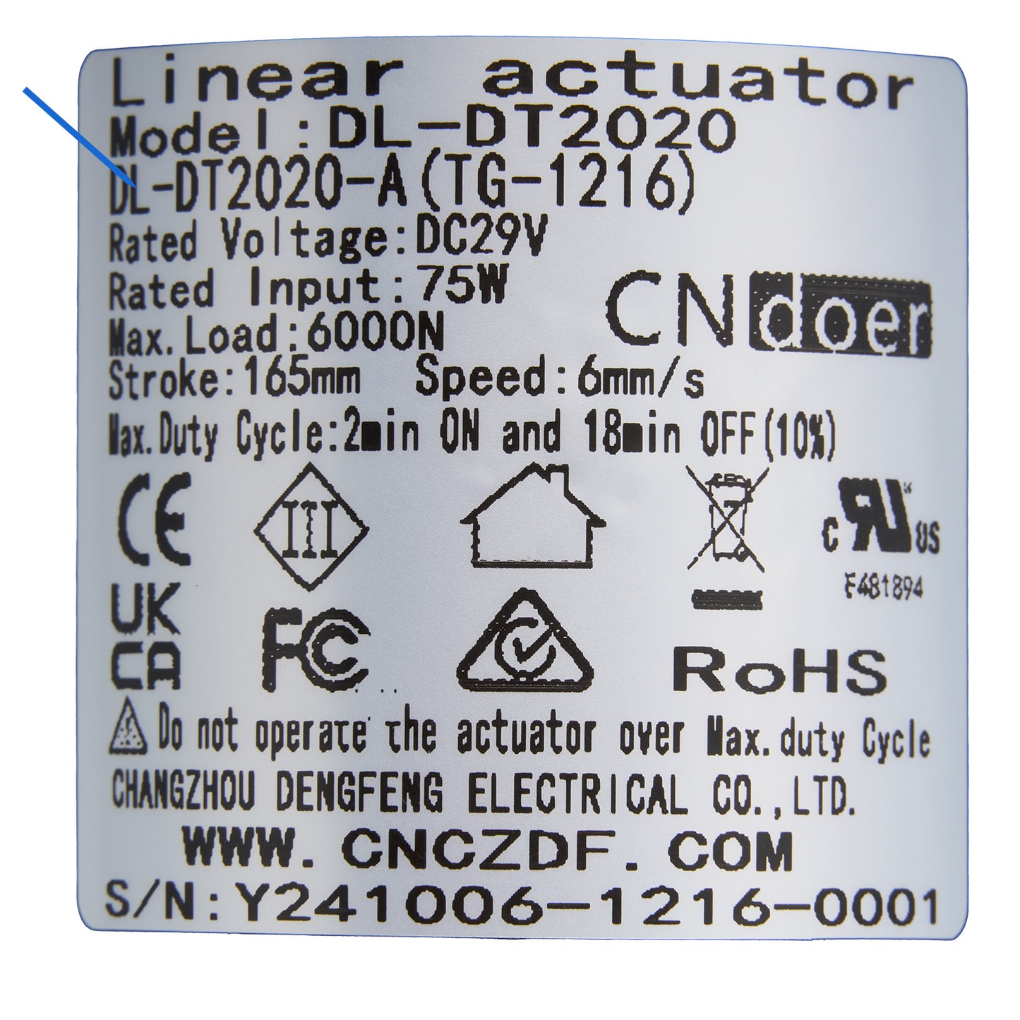 CN DOER DL-DT2020-A(TG-1216) Linear Actuator Motor by Changzhou DengFeng