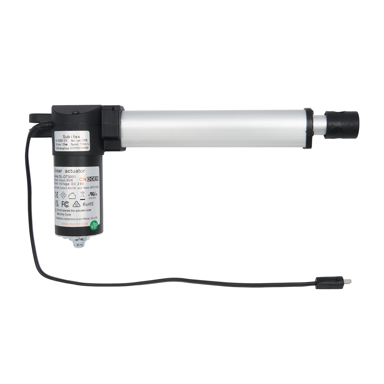 Linear actuator with cable on a white background