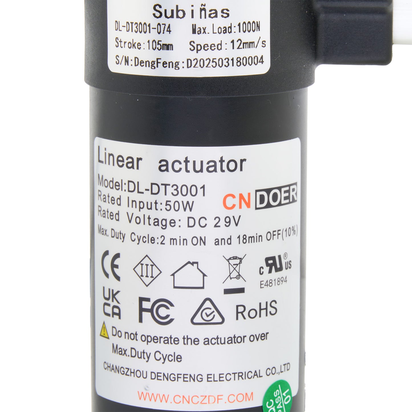 Linear actuator with CNDOER branding and specifications on a white background