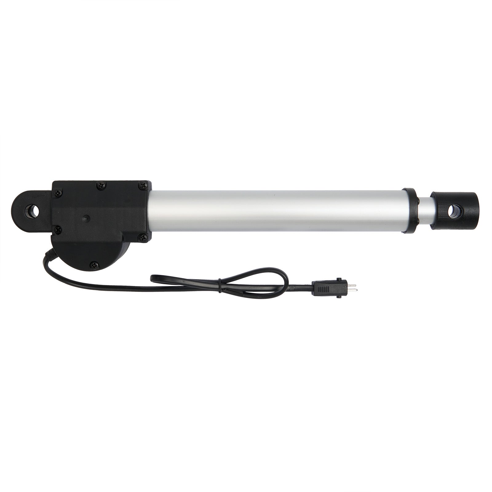 Linear actuator with black housing and white cylindrical body on a white background