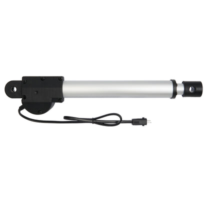 Linear actuator with black housing and white cylindrical body on a white background