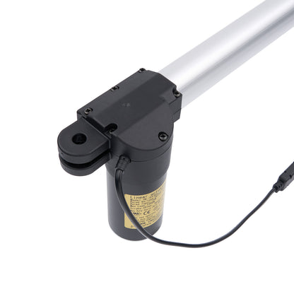 Black linear actuator with a white rod on a white background