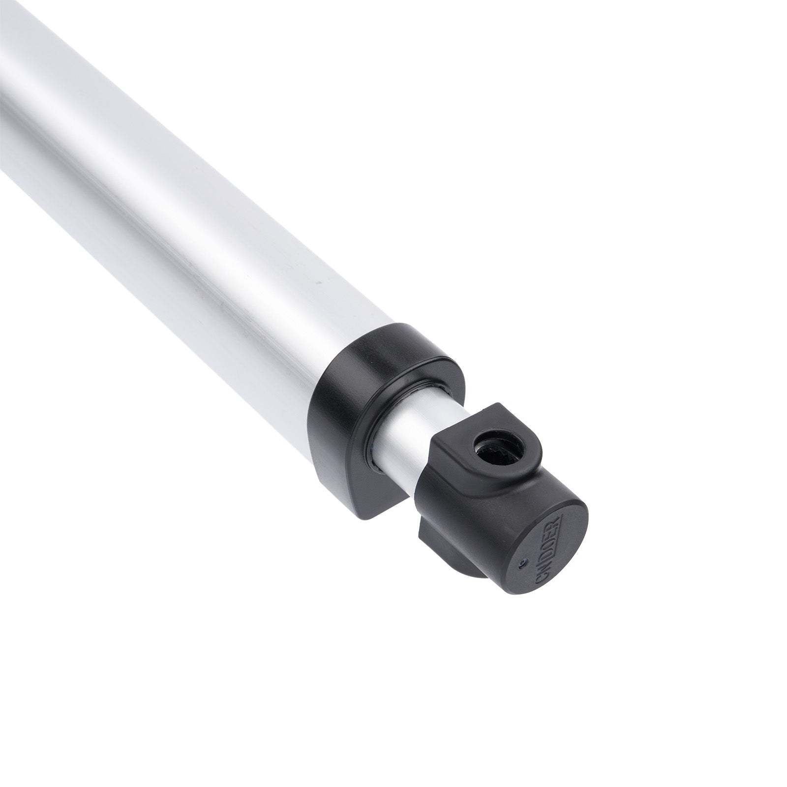 Close-up of a metal rod with a black fitting on a white background