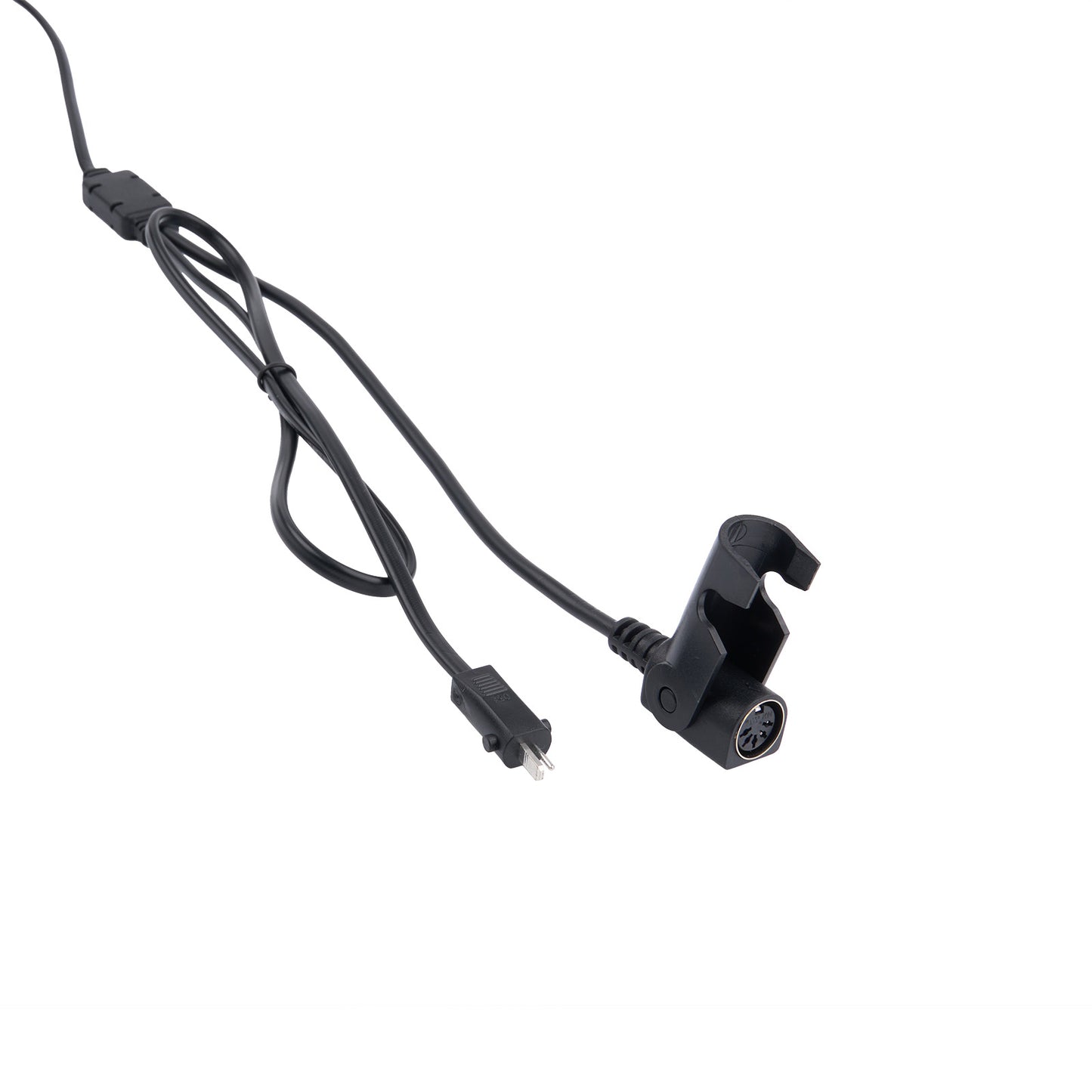 Black power adapter with cable on a white background