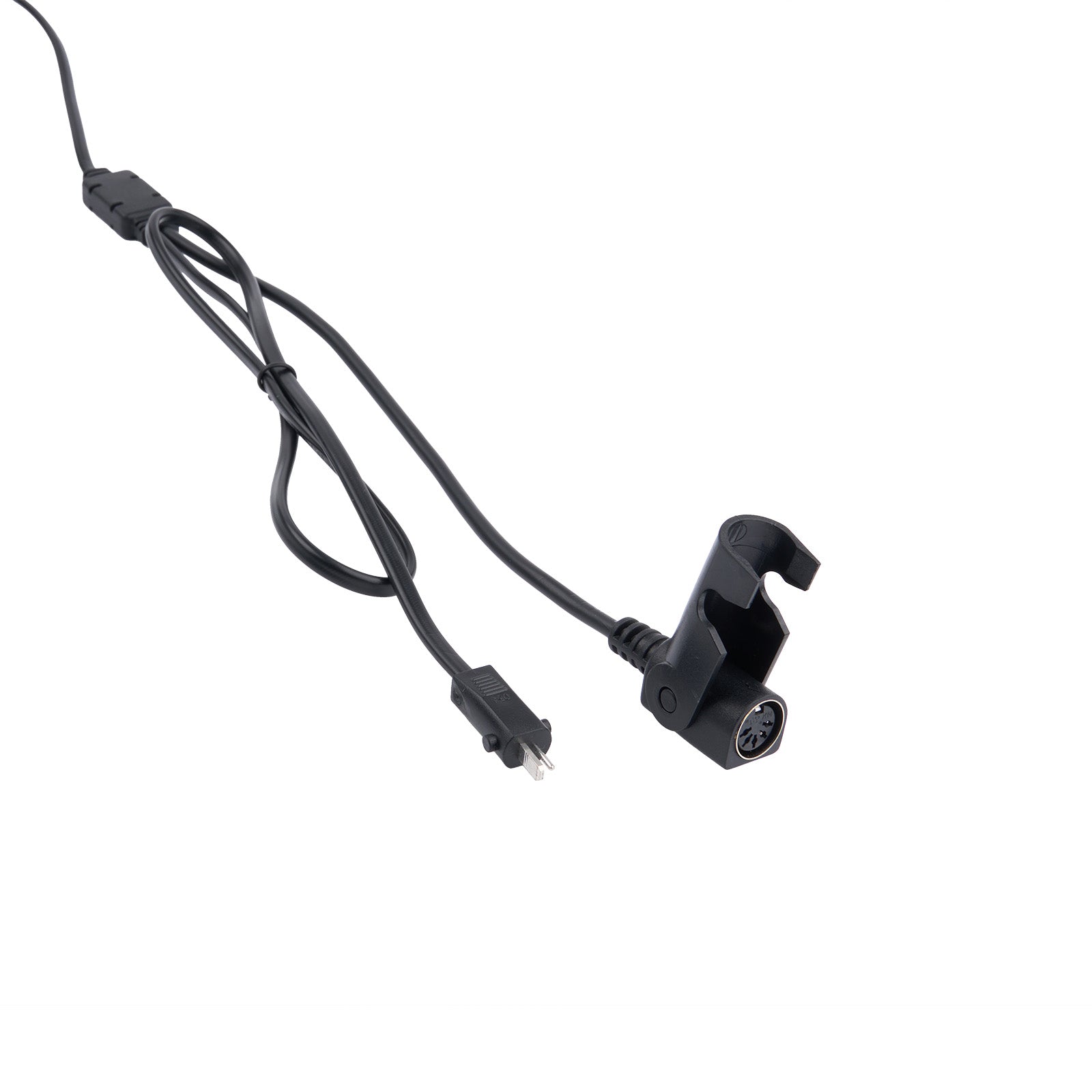 Black power adapter with cable on a white background