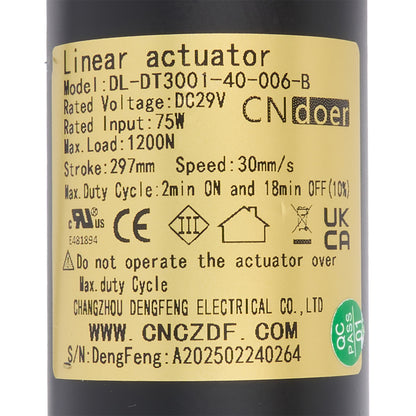 Label on a linear actuator with technical specifications and branding.