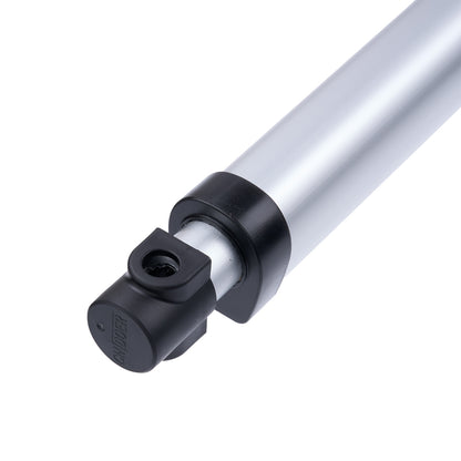 Close-up of a cylindrical metal component with a black fitting on a white background