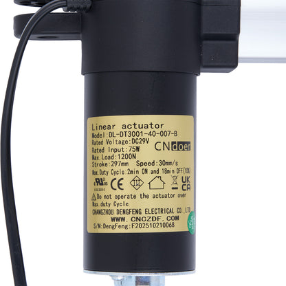 Linear actuator with a label on a white background