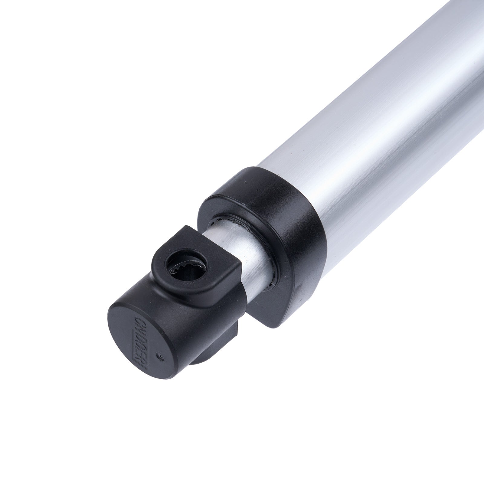 Close-up of a cylindrical metal component with a black fitting on a white background