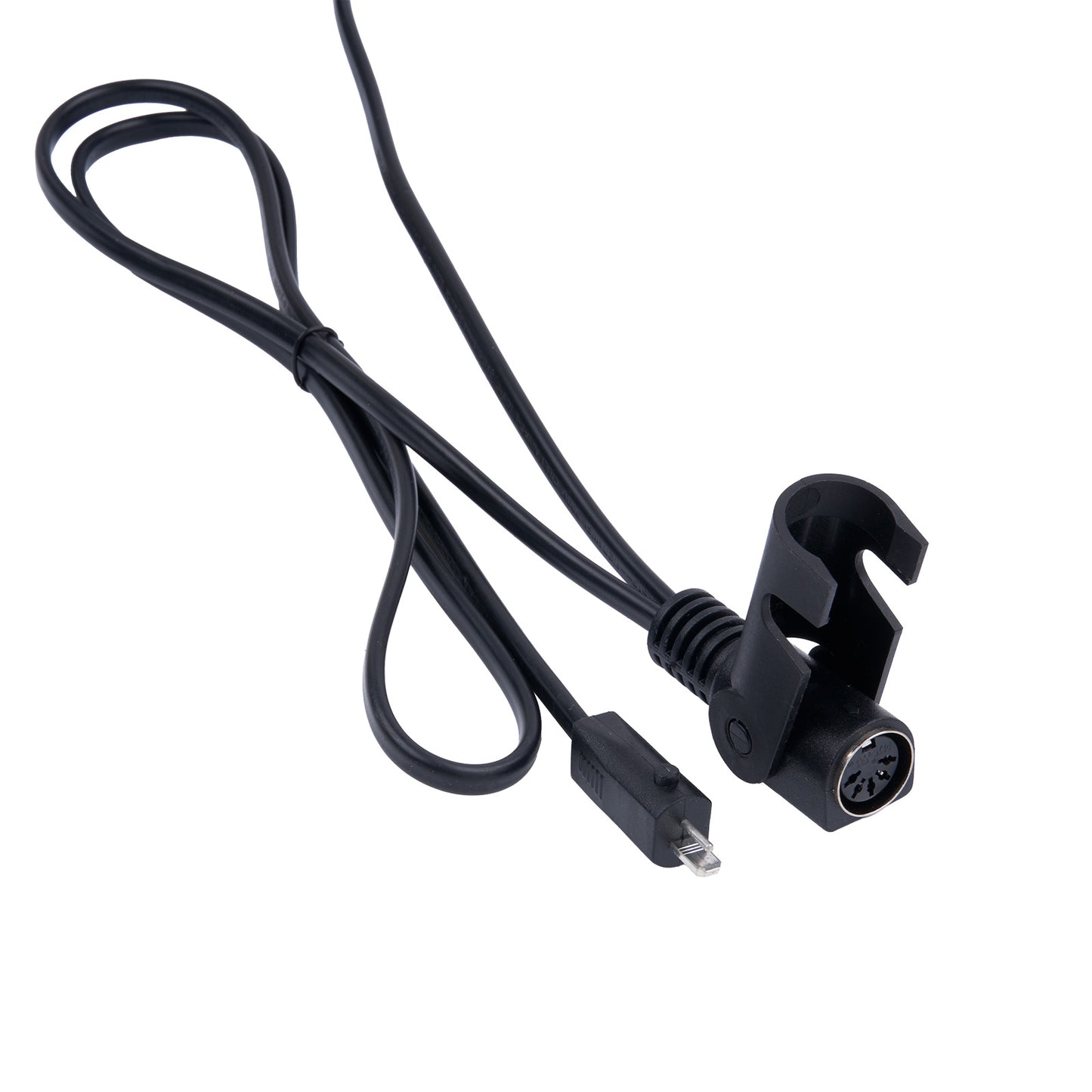 Black cable with two connectors on a white background