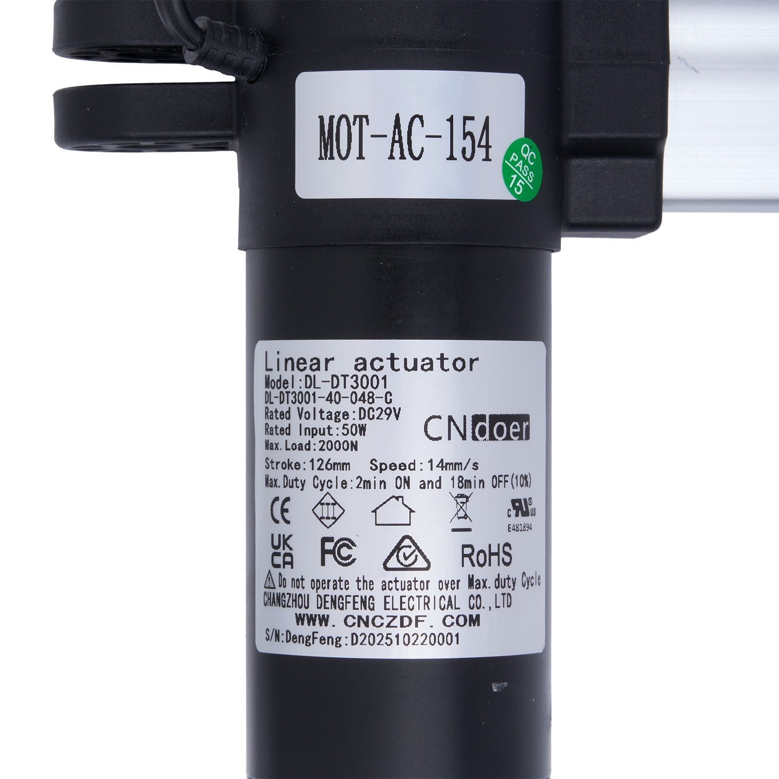 Black linear actuator with label on a white background
