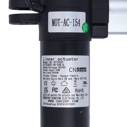 Black linear actuator with label on a white background