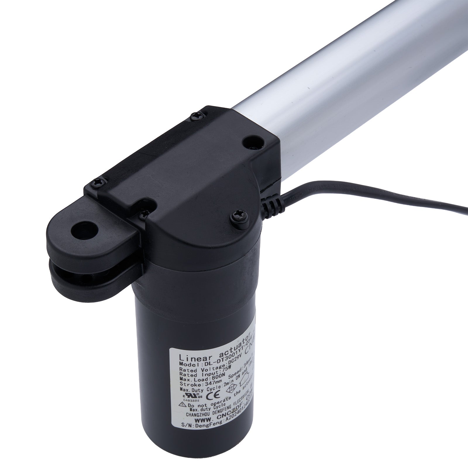 Linear actuator with black housing and visible branding on a white background