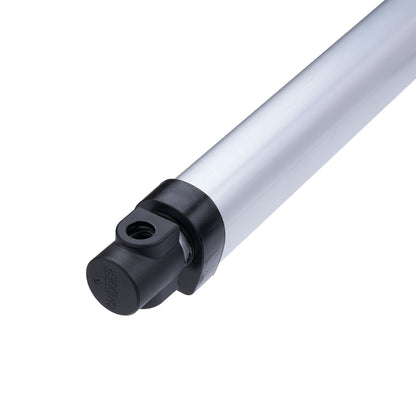 Close-up of a metallic rod with a black fitting on a white background