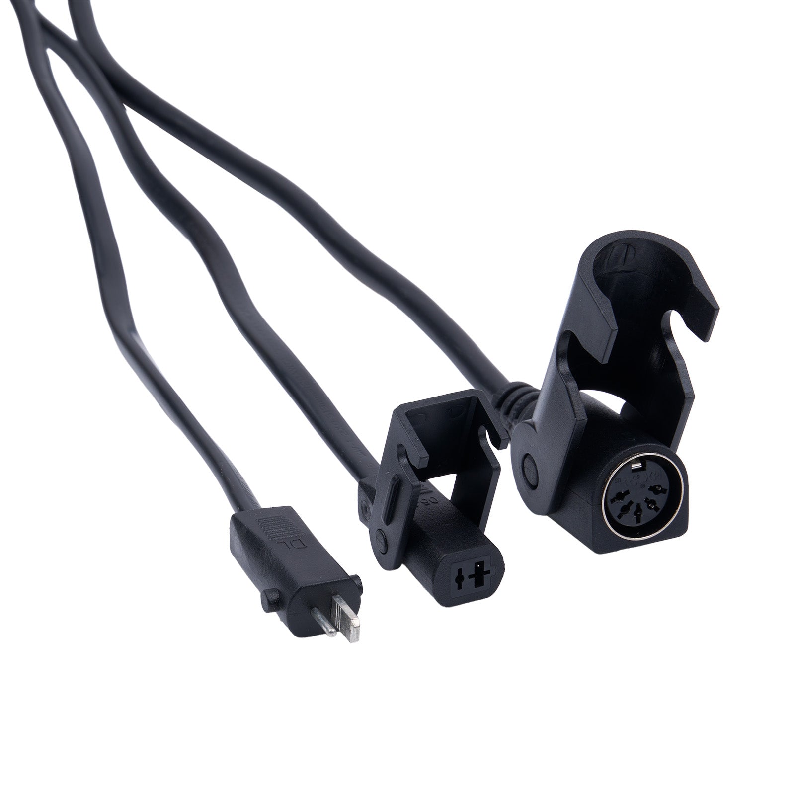 Black electrical cord with plug and connectors on a white background