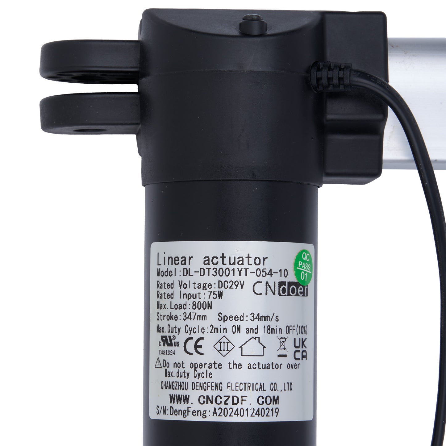 Linear actuator with CNDoer branding and specifications on a white background