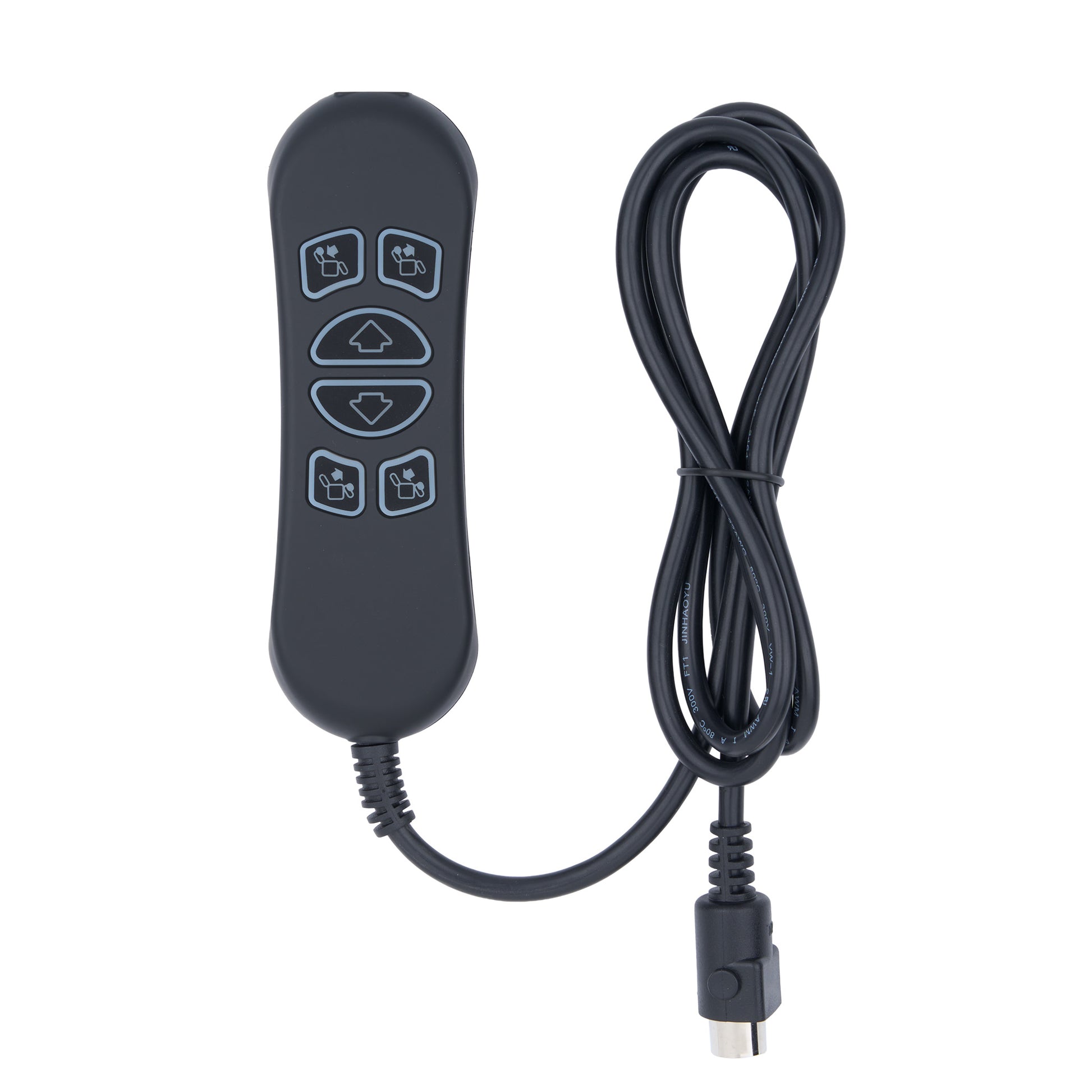 Black remote control with cable on a white background
