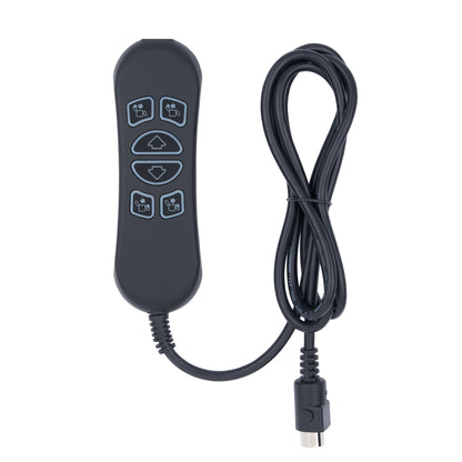 Black remote control with cable on a white background