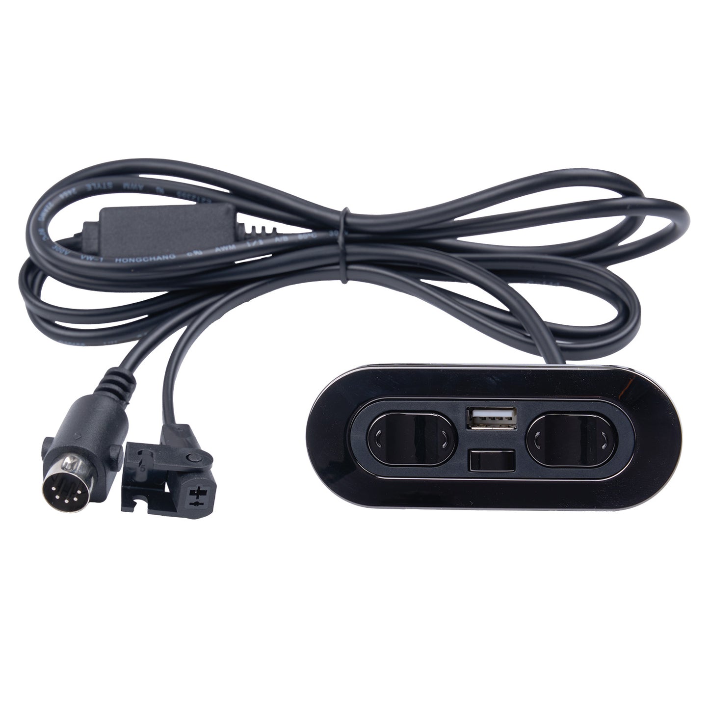 Black power adapter with cable on a white background