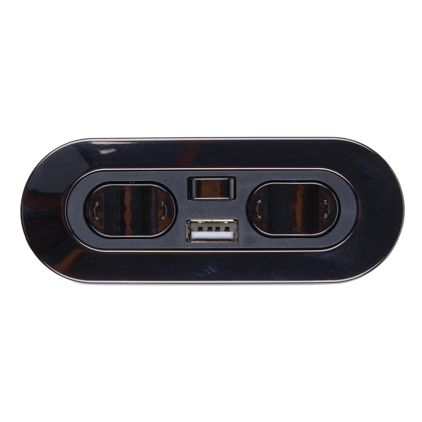 Black electronic device with two ports and a USB connector on a white background