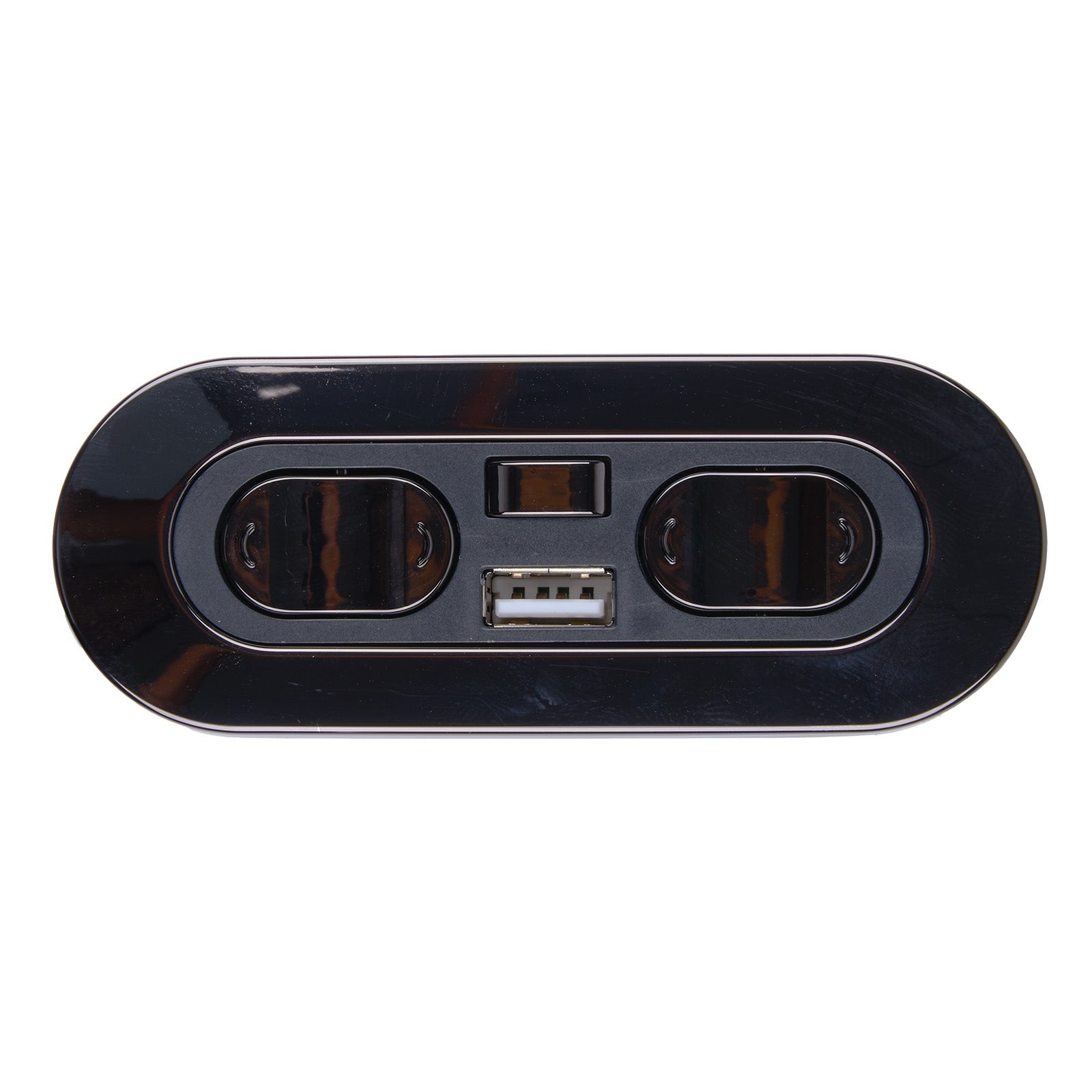 Black electronic device with two ports and a USB connector on a white background