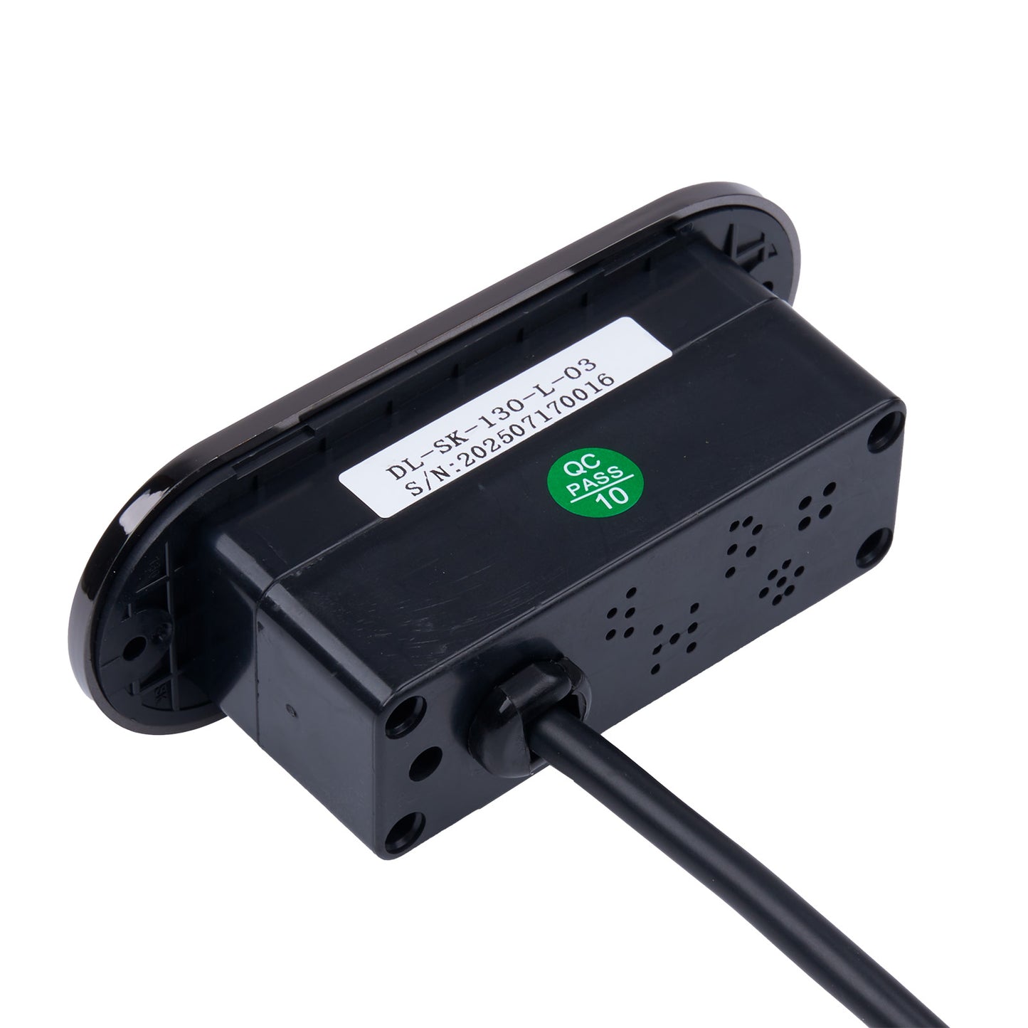 Black electronic device with a label and green sticker on a white background