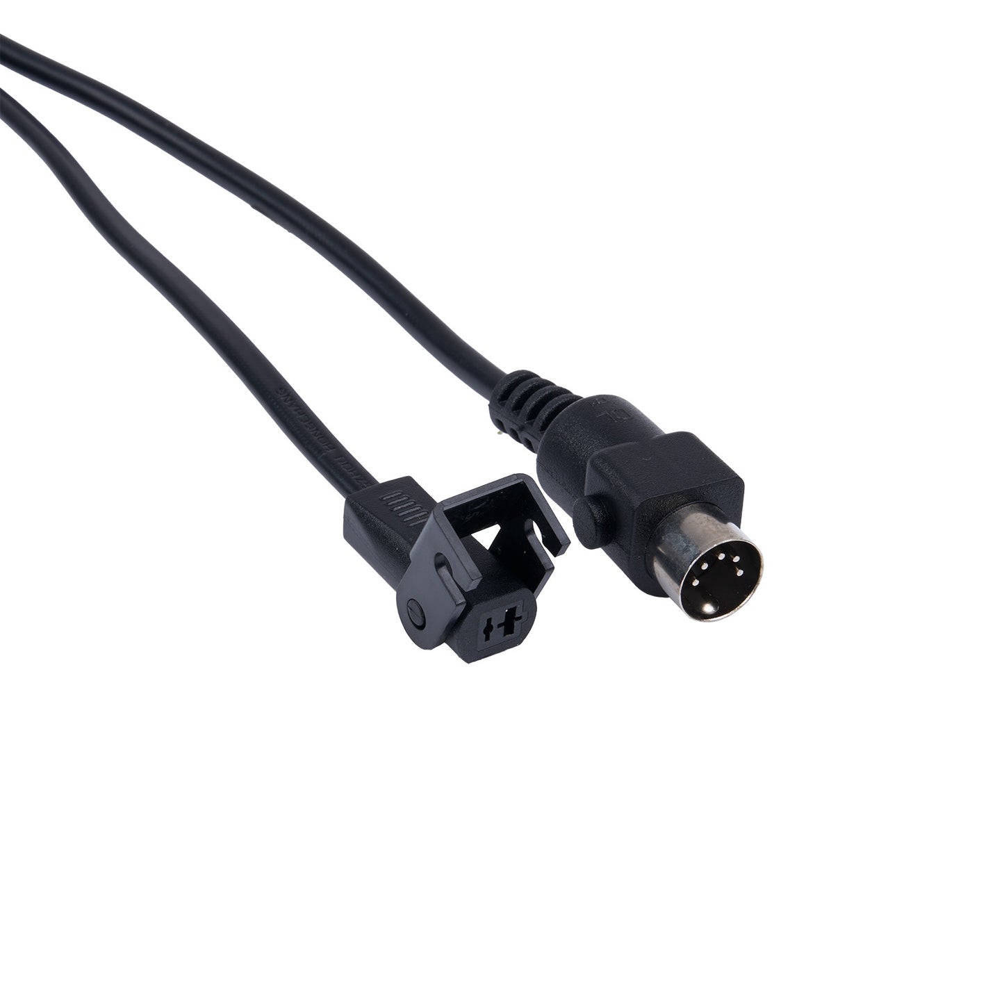 Black cable with two connectors on a white background