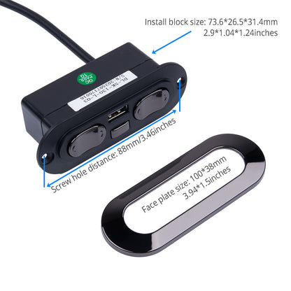 Black electrical outlet with measurements labeled on a white background