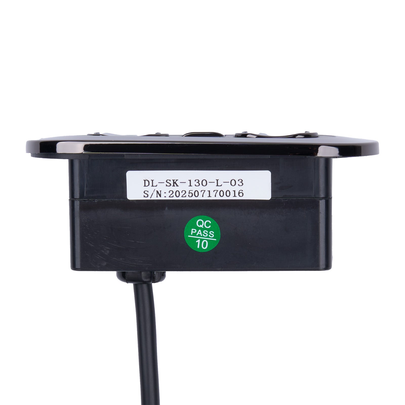 Black electronic device with a label and green pass sticker on a white background