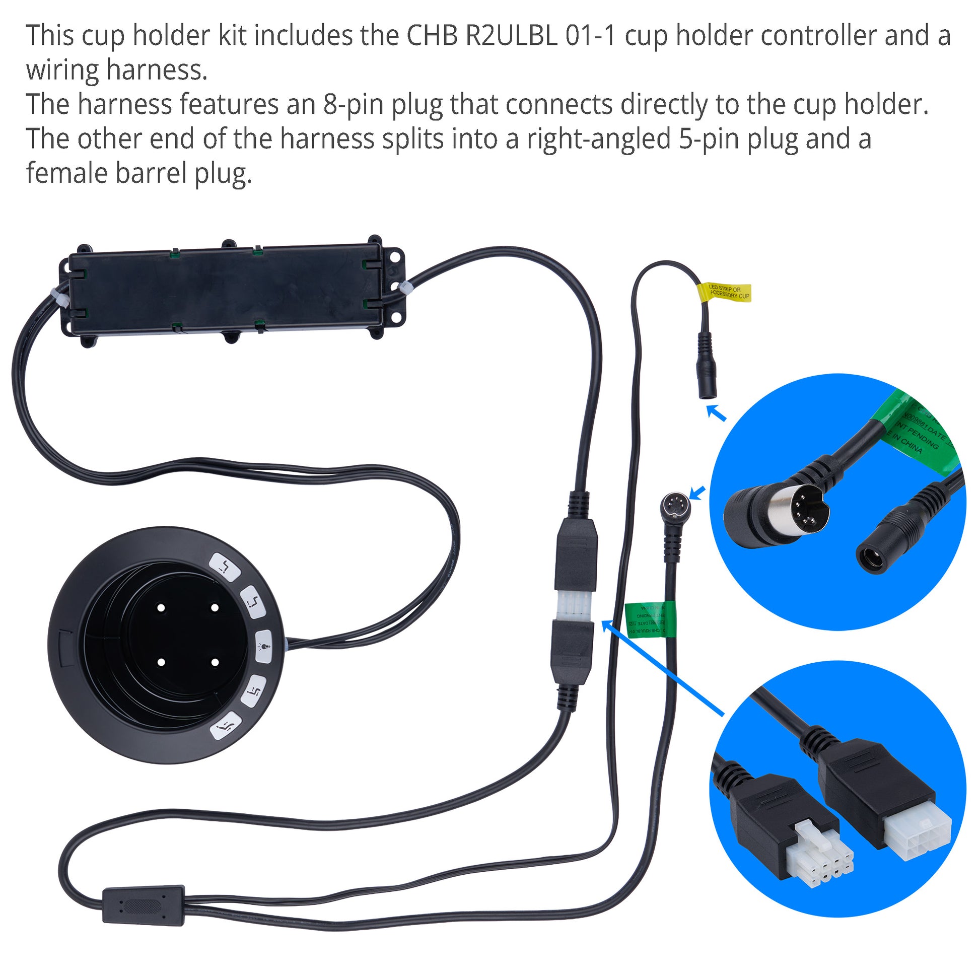 Cup holder kit with controller, wiring harness, and connectors on a white background.