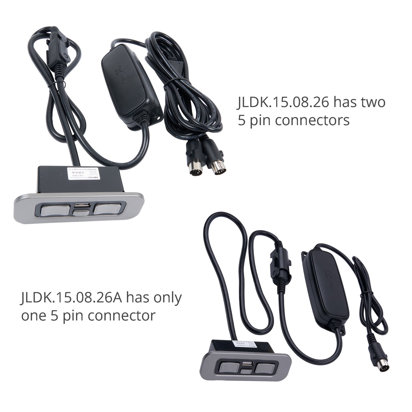 Two black automotive power adapters with cables and a gray rectangular switch module, shown on a white background with explanatory text noting connector differences.