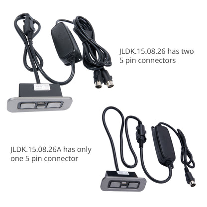 Two black automotive power adapters with cables and a gray rectangular switch module, shown on a white background with explanatory text noting connector differences.