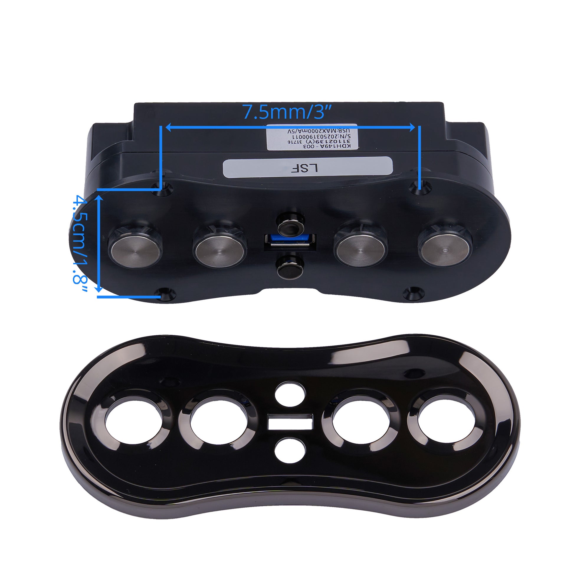 Black car headlight cover trim kit with four circular silver reflectors and dimension markings showing 7.5mm (3 inches) width and 4.