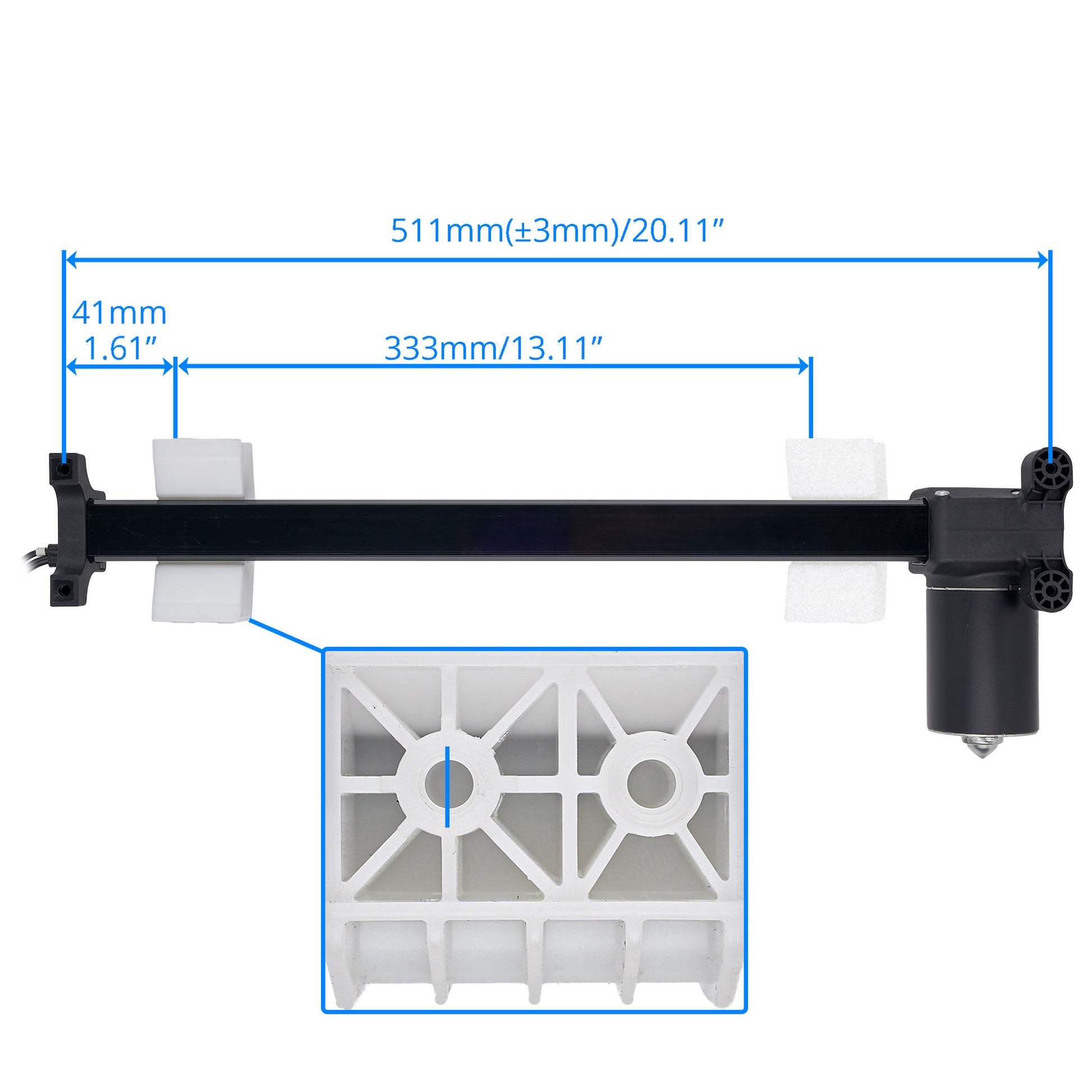 Black linear actuator rail with white plastic mounting blocks and blue dimension lines showing measurements of 511mm, 41mm, and 333mm, plus a white mounting bracket inset.