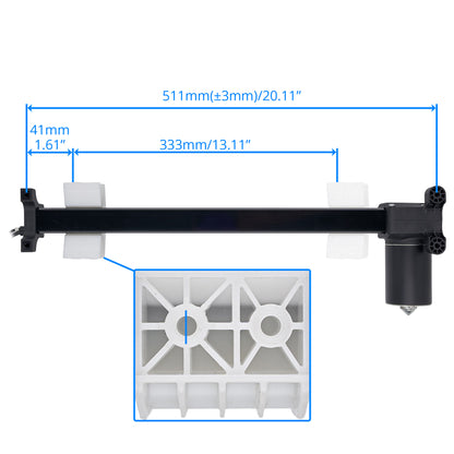 Black linear actuator rail with white plastic mounting blocks and blue dimension lines showing measurements of 511mm, 41mm, and 333mm, plus a white mounting bracket inset.