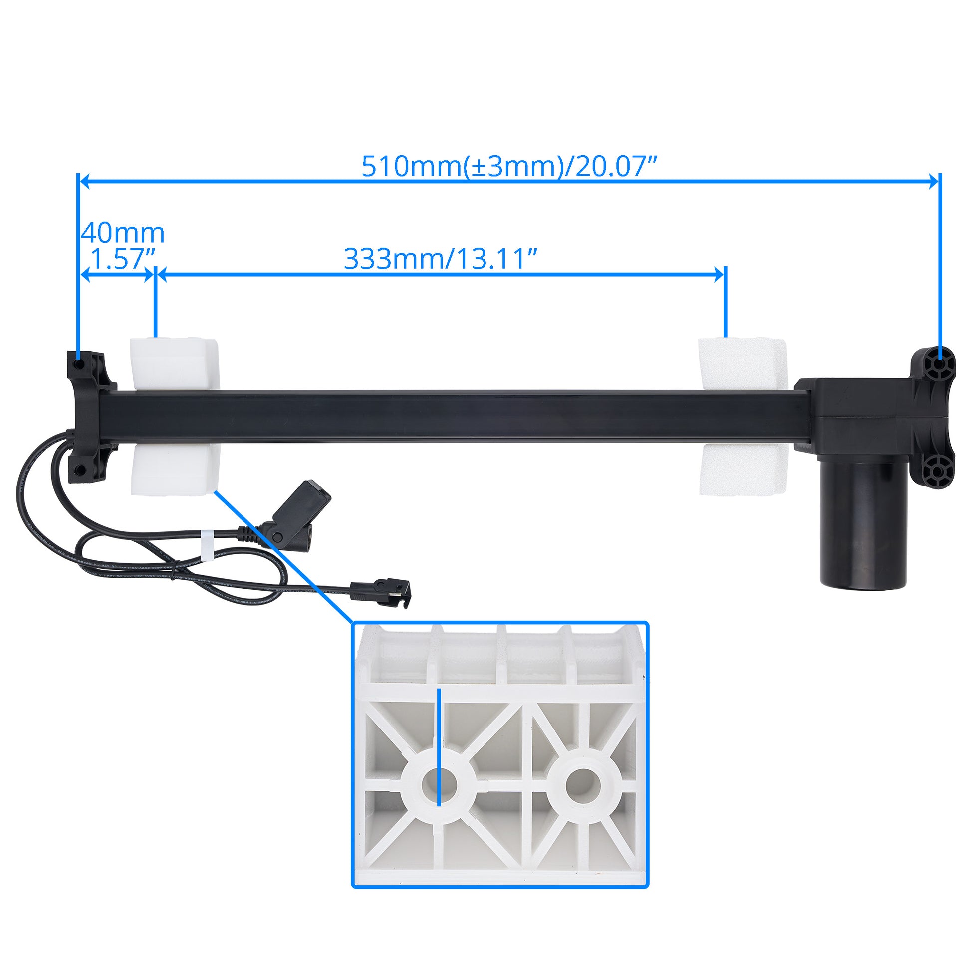 Black automatic fish water pump feeder rod with a white plastic grid tray and an attached power cable, shown with blue dimension lines indicating measurements of 510mm, 333mm, and 40mm on a white background.