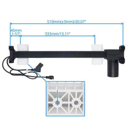 Black automatic fish water pump feeder rod with a white plastic grid tray and an attached power cable, shown with blue dimension lines indicating measurements of 510mm, 333mm, and 40mm on a white background.