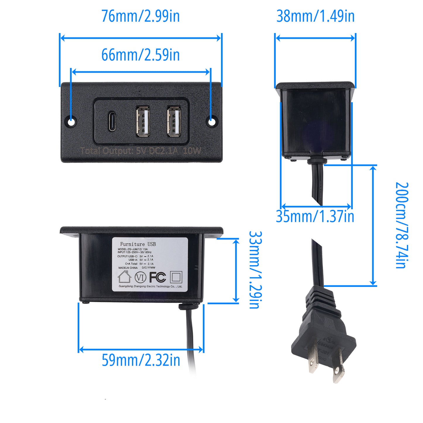 Black 10W USB wall charger adapter shown from multiple angles with blue dimension lines and labels indicating width, height, depth, and plug size on a white background.