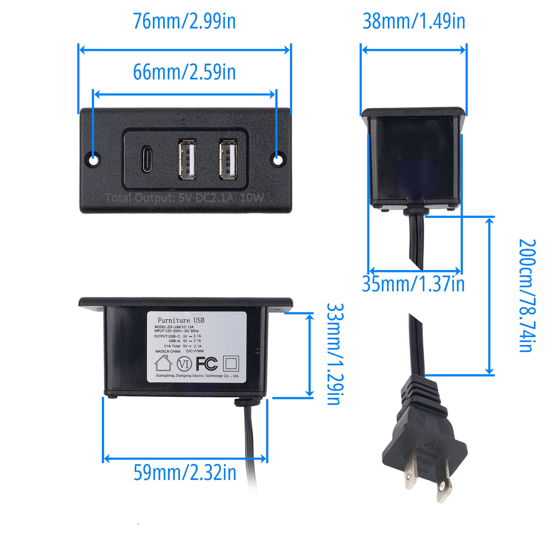 Black 10W USB wall charger adapter shown from multiple angles with blue dimension lines and labels indicating width, height, depth, and plug size on a white background.