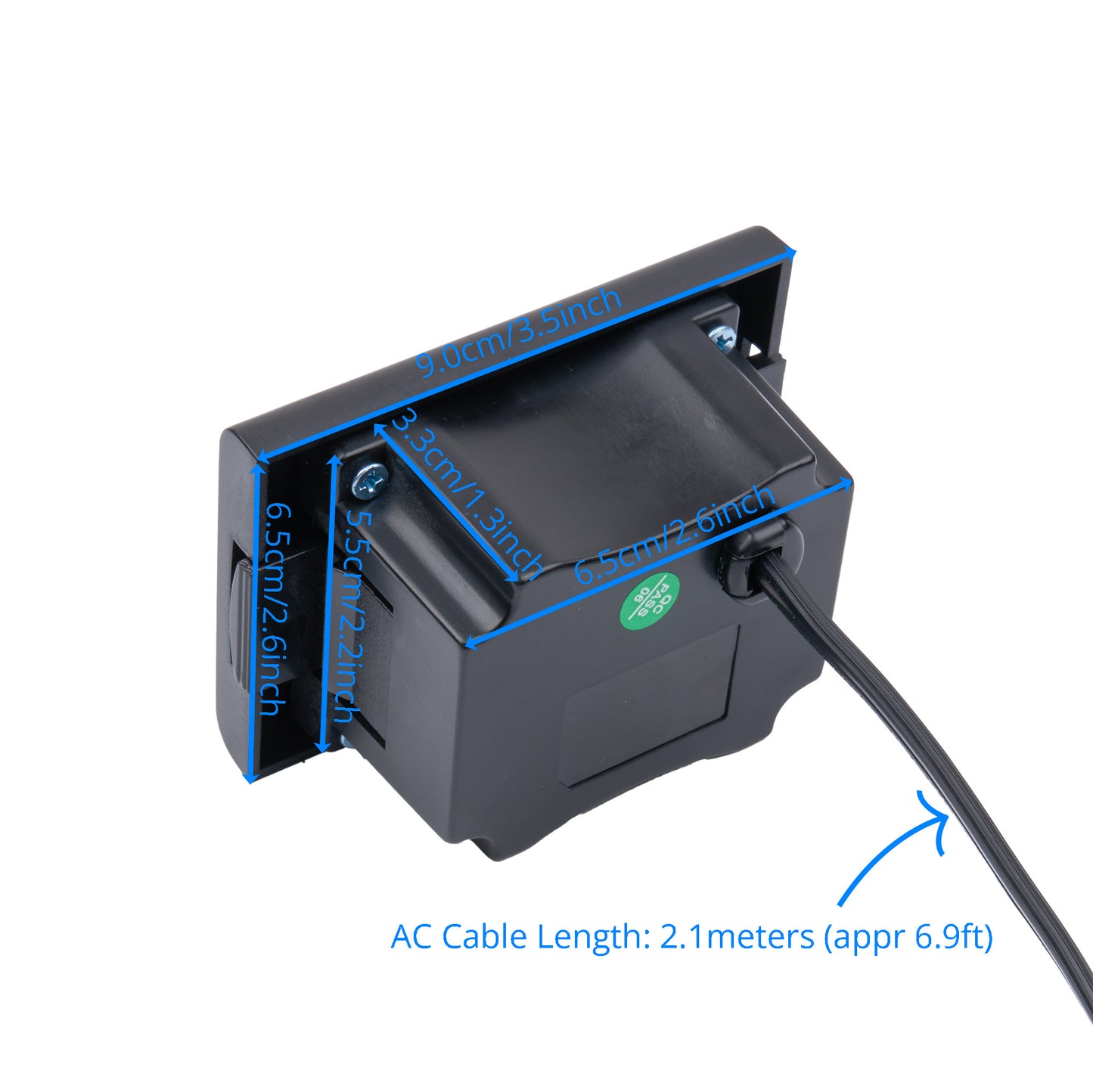 Black electronic device with labeled dimensions and an AC cable length on a white background